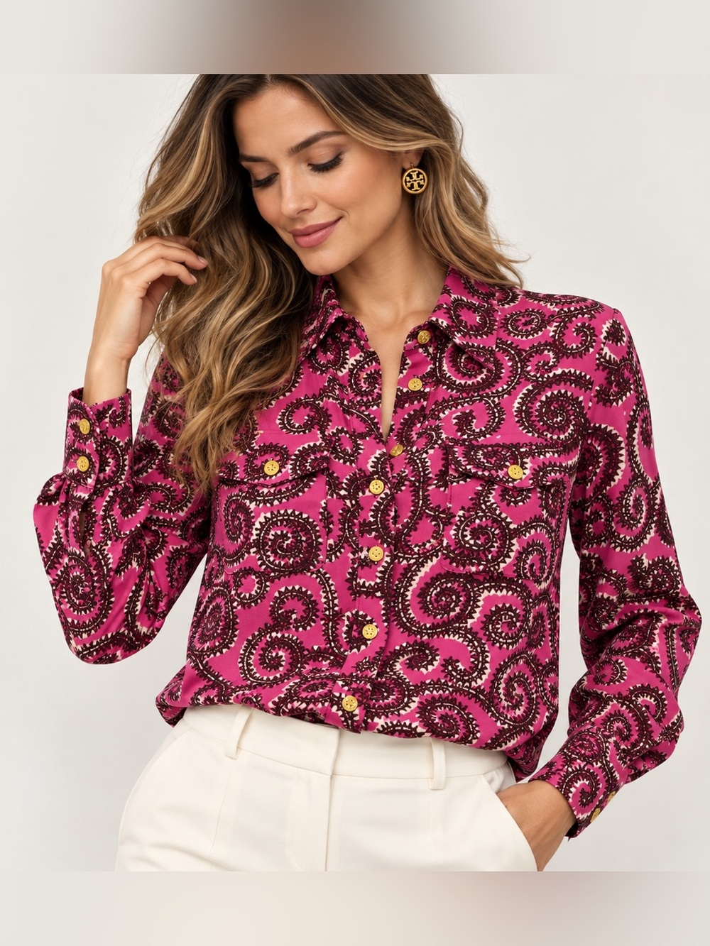Tory Burch Silk Cotton Paisley Button Down Blouse L